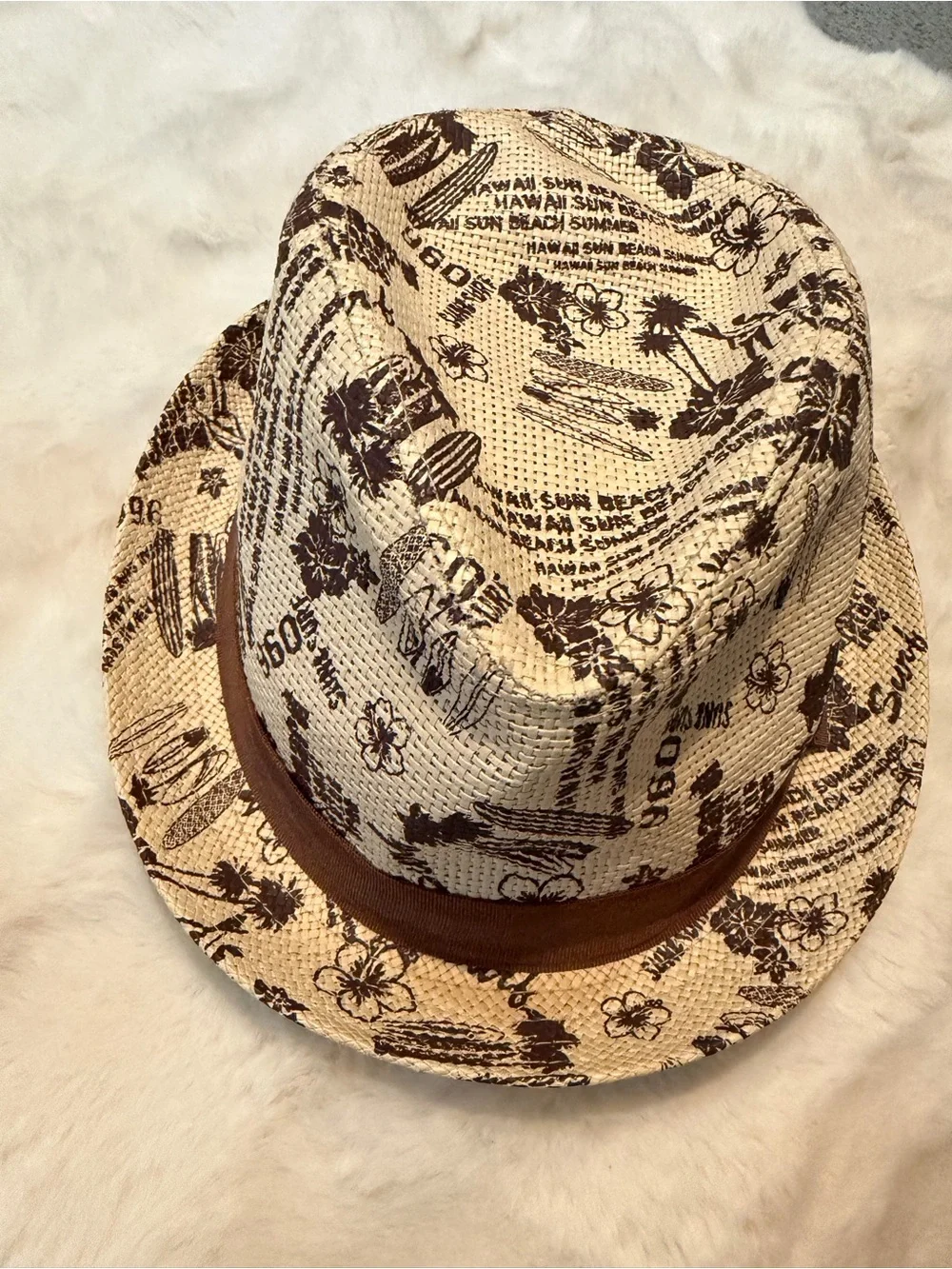 Hawaiian Straw Fedora Hat - Tropical Print with Brown Band